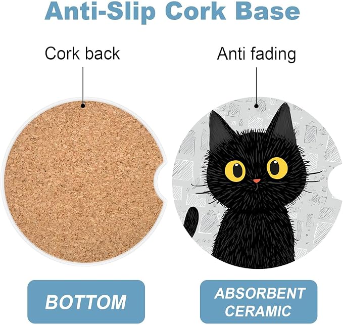 Car Cup Holder Coaster Set of 2, 2.56 in Ceramic Coasters, Scratch-Resistant Cork Backing, Finger Groove Design for Easy Placement, Cute Car Accessories Interior for Women (Black Cat)
