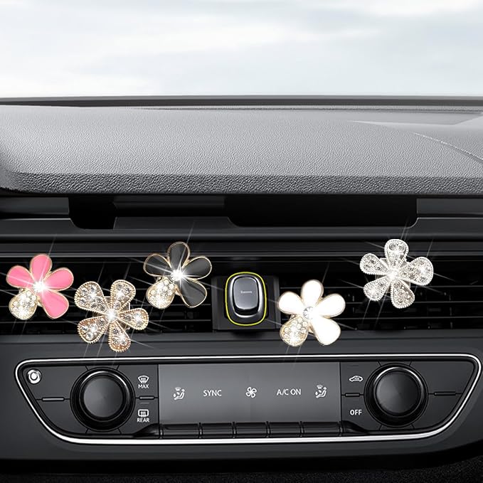 Mandark 6PCS Bling Daisy Flower Car Air Vent Clip, Crystal Rhinestone Vehicle Air Vent Outlet Clip, Cute Auto Air Conditioning Clip Charm Interior Decor Accessories for Women Girls（Golden）