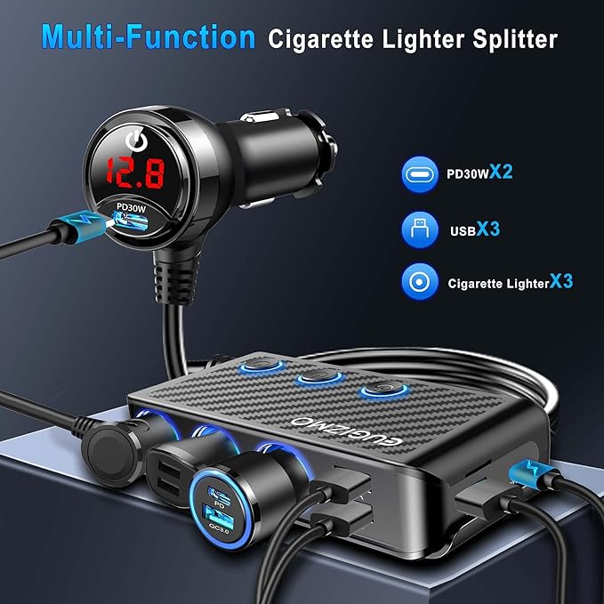 EUGIZMO 8 in 1 Cigarette Lighter Adapter,3 Socket Car Charger Plug Splitter | 12V/24V PLug in Outlet with Voltage Visible Independent Switches 2 PD30W & 3 USB-A Ports Fast-Charge Phones and Dash Cams