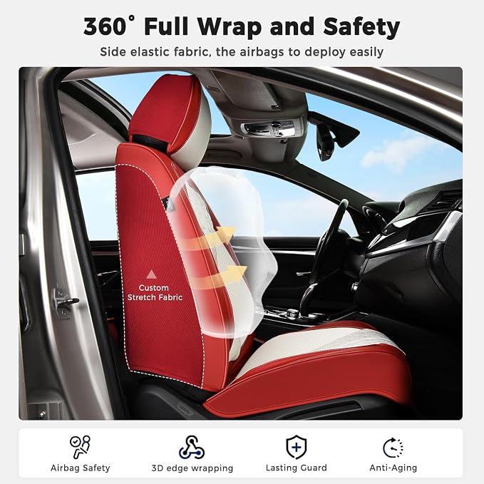 Huidasource Leather Seat Covers Universal Fit for Most Cars SUV Trucks, Waterproof Full-Cover Seat Covers Front Seat, Car Seat Cushion Cover Protector with Lumbar Support, Red & White