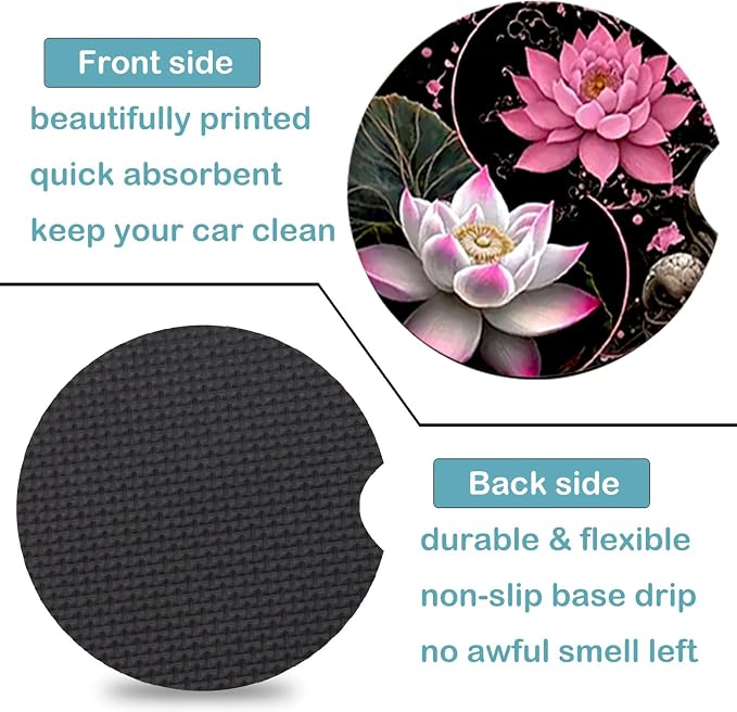 2 Pack Lotus Flower Car Cup Holder Coasters Universal Neoprene Coasters | 2.75" Universal Size Anti Slip Rubber Mat, Auto Cup Holder Accessories for SUV Truck, Lotus Flower Gifts for Women Men Mom