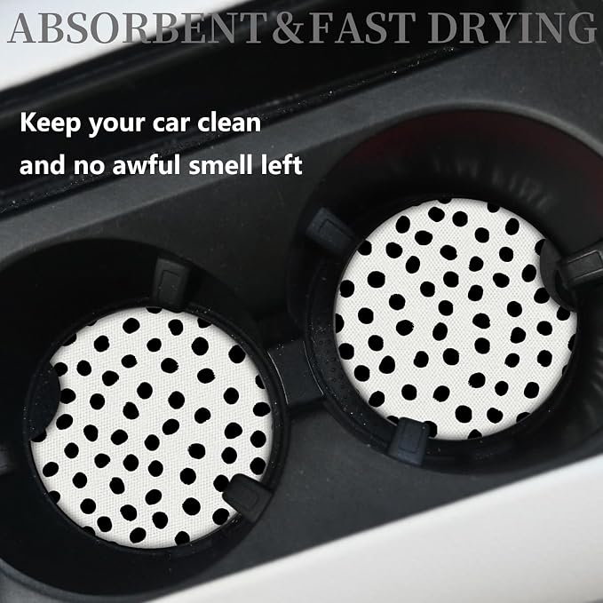 Car Coasters for Cup Holders,Cute Car Accessories for Women Interior,Cute Auto Accessories Gifts Cute Black Polka Dot,Pack of 2 2.75inch Drink Cup Car Holder Coasters with A Finger Notch