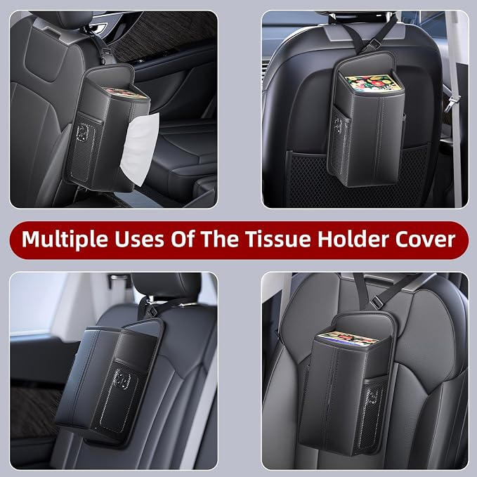 Car Tissue Holder for Front Seat, Headrest Organizer with 2 Side Mesh Pockets for Phones & Cards, Square PU Leather Tissue Box Cover Holds 150 Tissues (2 Pack)