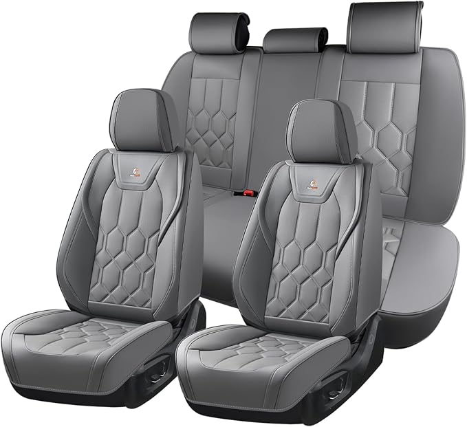 Huidasource Seat Covers Full Set, Universal Fit for Cars SUVs Trucks, Gray | Full Coverage Leather Car Seat Cover, Airbag, Cupholder Compatible, Seat Function Retain, Velcro Adjustable