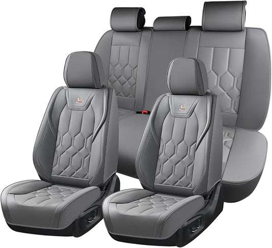 Huidasource Seat Covers Full Set, Universal Fit for Cars SUVs Trucks, Gray | Full Coverage Leather Car Seat Cover, Airbag, Cupholder Compatible, Seat Function Retain, Velcro Adjustable