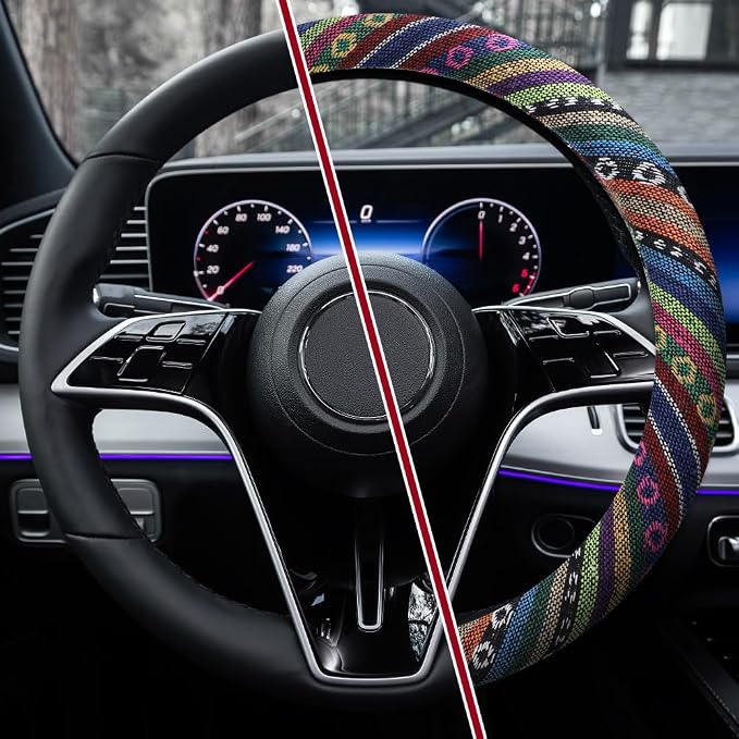 Boho Steering Wheel Cover, Ethnic Style Car Steering Wheel Cover Protector, Anti-Slip Flax Cloth Cover Universal Fits 14.5-15 Inch Steering Wheel, Interior Car Accessories(A Style)