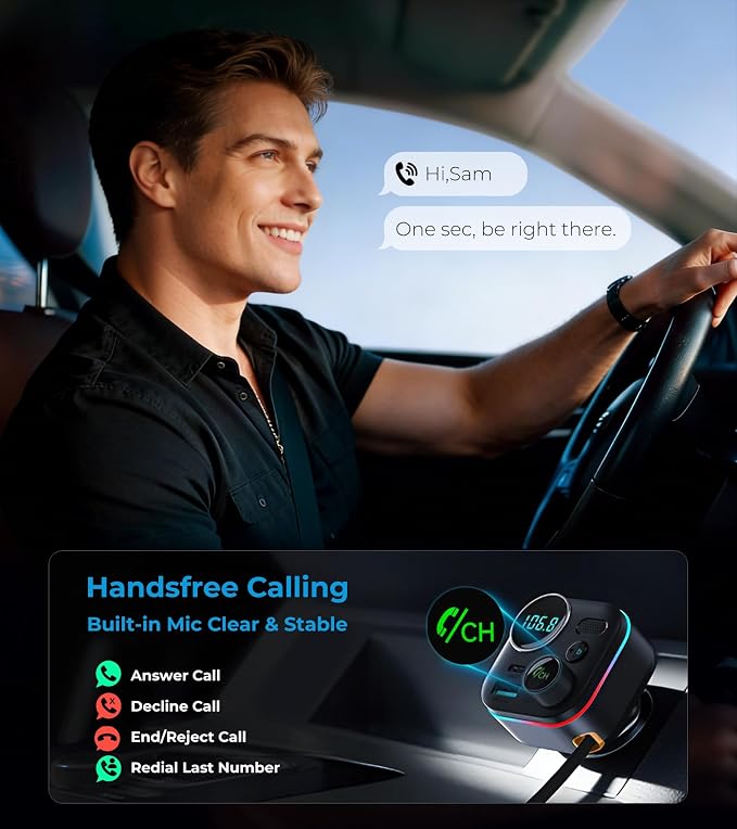 Bluetooth 5.4 FM Transmitter, 72W Car Charger with 45W Retractable USB-C PD | Built-in Cable, Hands-Free Calling, Deep Bass, LED Display, USB Drive Music Player for Cars Trucks