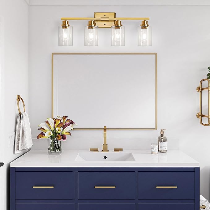 Unicozin Modern Bathroom Light Fixtures, 4 Light Vanity Lights Over Mirror, Gold Wall Lamp with Clear Glass for Living Room Cabinet Bedroom Porch Powder Room