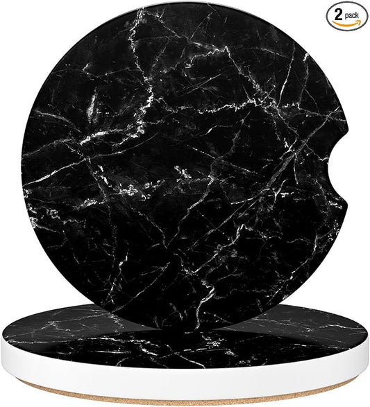 Aiawoxc Car Cup Holder Coasters, 2 Pack Universal Auto Anti Slip Insert Coaster with A Finger Notch, Cup Mat for Most Car Interior, Black Marble