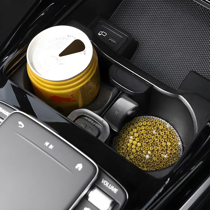 Bling Car Cup Holder Coaster, 2PCS 2.75 Inch Crystal Rhinestone Anti Slip Vehicle Drink Cup Mat for Women Girls, Auto Interior Embedded in Ornaments. Universal for SUV RV Truck (Yellow)