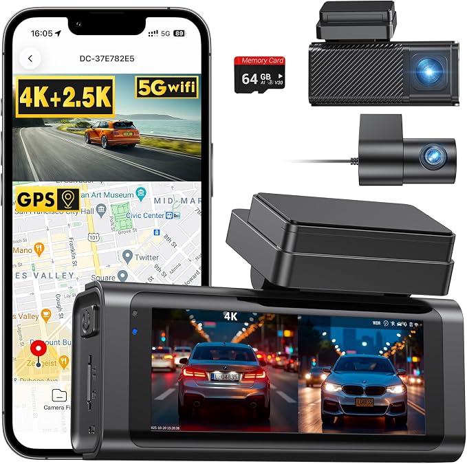 4K+2.5K Dash Cam Front and Rear, Built-in GPS, 5.8G WiFi, Free 64GB Card Included, Dash Camera for Cars, 2-Channel Car Camera,3.16'' IPS Screen,G-Sensor,WDR&HDR,24H Parking Monitor,Max 256GB