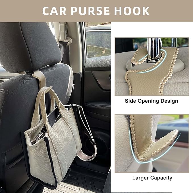 Car Purse and Coat Hanger - 2Pack Beige Leather Hooks for Hanging Purses, Bags and Coats