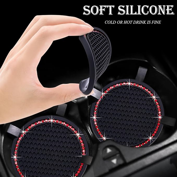4PCS Bling Cup Holder Coaster, 2.75 Inch Auto Car Cup Holder Insert Coasters, Soft Silicone Anti-Slip Shockproof, Universal Vehicle Interior Accessories for Women Girls (Black & Red)