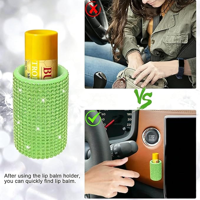 Upright Car Chapstick Holder, Bling Insulating Lip Balm Holder,Rhinestone Car Accessories for Women Interior ,Suitable for Most Vehicles. (Green)