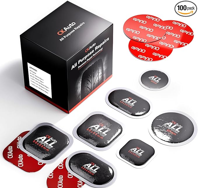 CKAuto 100 PCS Combination All Purpose Tire Repair Patch Kit Heavy Duty, for Car Van Truck Bus Motorcycle Bike and Inner Tire, Round 100 PCS