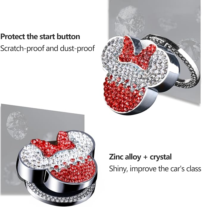 Pangpai Car Cute Push to Start Button Cover Accessories, Bling Crystal Car Engine Start Stop Button Cover, Red Car Decoration Interior Decal for Women Girl