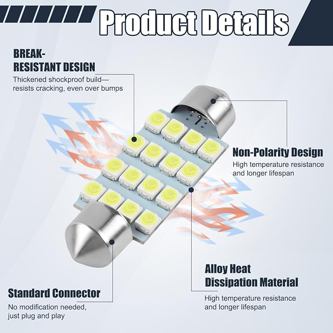 24PCS LED Interior Car Lights Kit - 42mm 36mm Festoon & T10 194 168 W5W T5 74 Canbus Error Free Super Bright 6000K White Dome Map Trunk License Plate Gauge Cluster Bulbs with Pry Tool