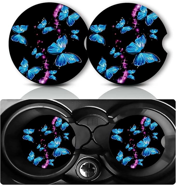 2Pcs Butterfly Car Coasters,2.75" Neoprene Rubber Cars Cup Holder Coasters | Universal Non‑Slip Mat, Drink Coaster Decor Auto Accessories Butterflies Loves Gifts for Women,Men,Mom