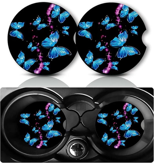 2Pcs Butterfly Car Coasters,2.75" Neoprene Rubber Cars Cup Holder Coasters | Universal Non‑Slip Mat, Drink Coaster Decor Auto Accessories Butterflies Loves Gifts for Women,Men,Mom