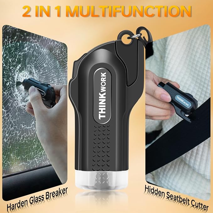 THINKWORK Window Breaker & Seatbelt Cutter - Car Safety Hammer with Tungsten Steel Tip (One-Second Break), Emergency Escape Tool for Vehicle Accidents/Home Fires/Office Lockdowns/School Emergencies