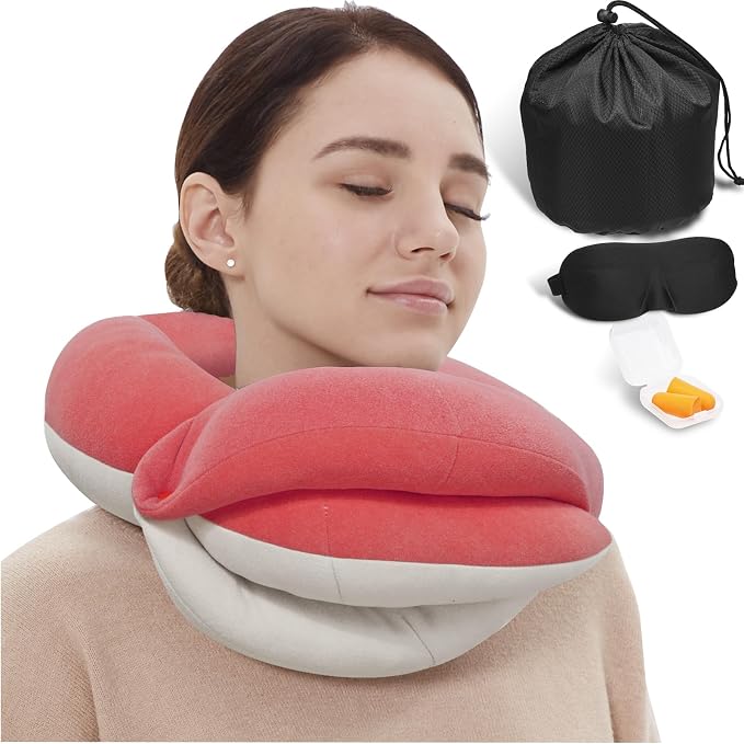 BUYUE Travel Neck Pillows for Airplanes, Memory Foam 360° Head Support Sleep for Long Flight, Skin-Friendly & Breathable, Kit with Eye Mask, Earplugs and Storage Bag (Adult, Pink, 90+ lbs)