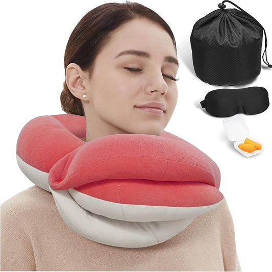 BUYUE Travel Neck Pillows for Airplanes, Memory Foam 360° Head Support Sleep for Long Flight, Skin-Friendly & Breathable, Kit with Eye Mask, Earplugs and Storage Bag (Adult, Pink, 90+ lbs)