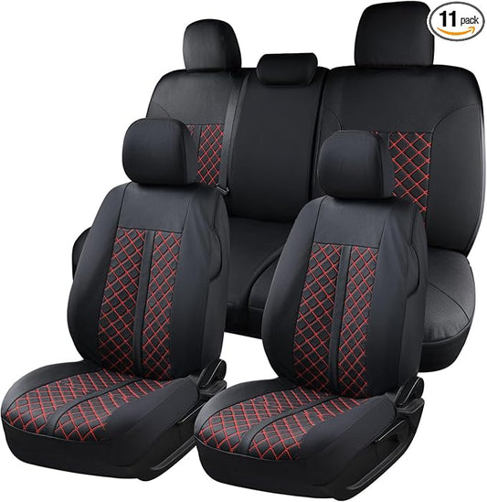 Truckiipa Tacoma Leather Car Seat Covers Full Set Truck Seat Covers Cushion Fit for 2016-2023 Toyota Tacoma Double Crew Cab, Full Set, Black&Red