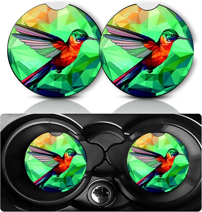 2PCS Hummingbird Car Cup Holder Coasters Universal Anti-Slip Rubber Mat | Animal Auto Accessories Decor, 2.75" Car Coasters for Cup Holders with Finger Slot, Hummingbird Gifts for Women Men