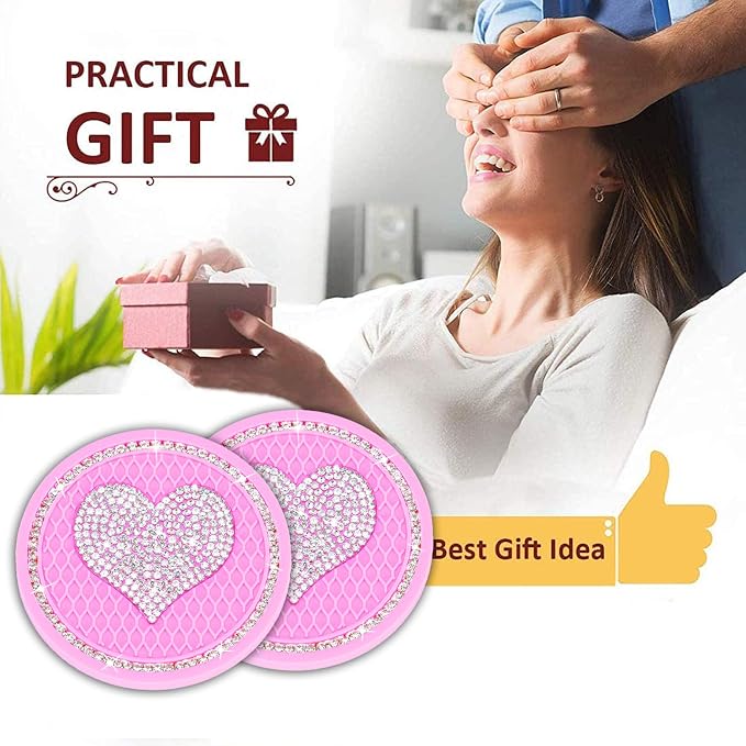 Bling Cup Holder Insert Coaster- 2.75 inch Silicone Anti-Slip Shockproof, Universal Fashion Car Interior Accessories for Women (Pink&Love, 2 PCS)