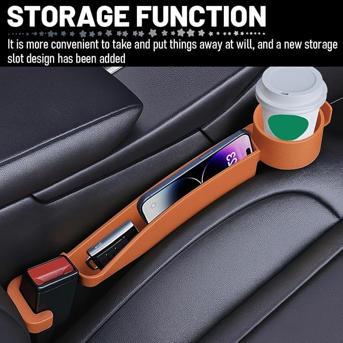 2PCS Car Seat Gap Filler Organizer with Cup Holder, Multifunctional Side Seat Crevice Blocker Plug with Storage Slot, No-Drop Auto Console Side Gap Stopper Organizer, Universal Fit (Orange)