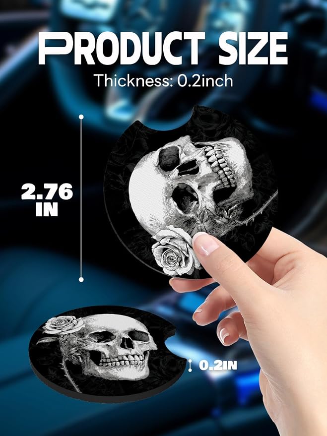 WOCOCN Car Coasters,Cup Holder Coasters for Car,2.75inch Anti Slip and Absorbent,Cute Automotive Interior Accessories for Cup Holder,Pack of 2 (Rose Skull)