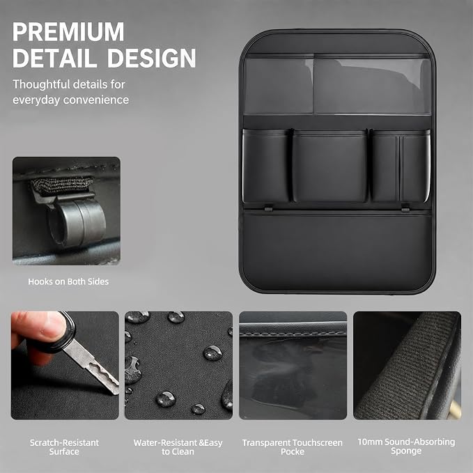 Car Back Seat Organizer, PU Leather Storage Pockets, Black 1 Pack | PU leather seat protector, storage pockets, cup pockets, tissue holder, 1 pack