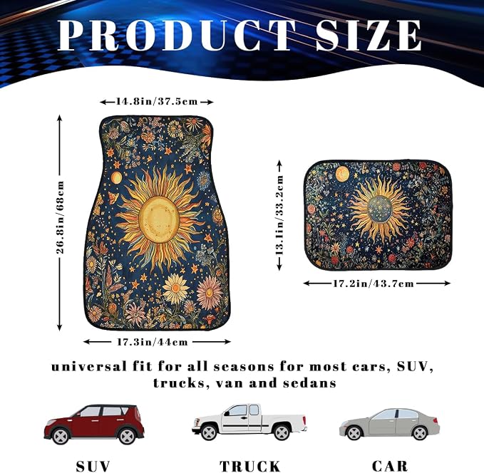 Abstract Car Floor Mats Set of 4 Vintage Sun Moon Star Floral Vibrant Color Carpet Front Rear Carpets Mat Non-Slip Auto Car Accessories Universal Fit for Car SUV Truck Van