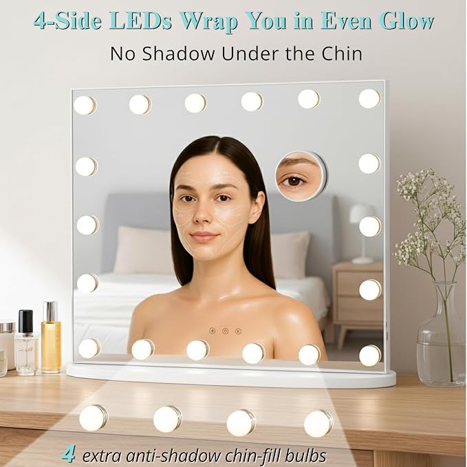 LUXFURNI Vanity Mirror with Lights, 23.6" Hollywood Makeup Mirror White | 18 Surround LED Bulbs, 360° Shadow-Free Lighting, 3 Color Modes, USB Charging, Tabletop & Wall Mount for Bedroom Dorm Desk
