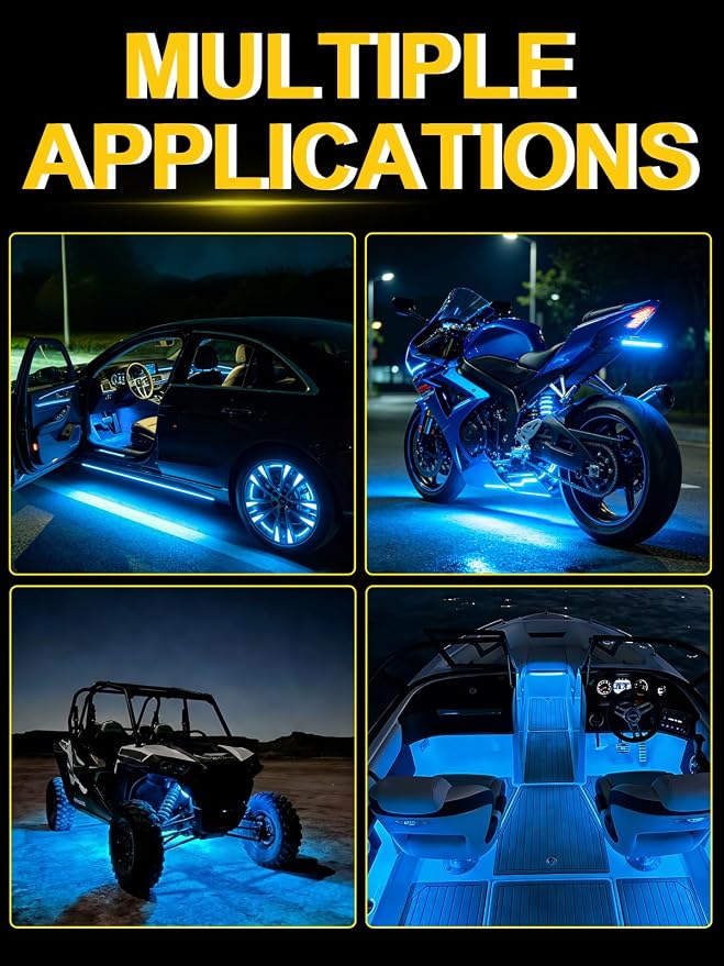 YM E-Bright Ice Blue Underglow LED Strip Lights 4 Pcs 27cm IP67 Waterproof | Adopts 5050 15SMD chips, DC12V low voltage, suitable for car, motorcycle, golf cart interior & exterior decorative lighting