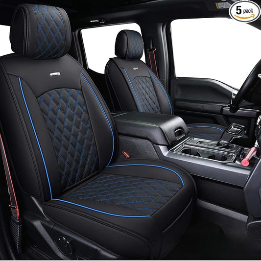Aierxuan Full Set Car Seat Covers Custom Fit 2009-2026 Ford F150 Crew Cab, 2017-2026 F250 F350 F450 Super Duty Pick-up Truck, Automotive Vehicle Cushion Cover with Waterproof Leather (Black and Blue)