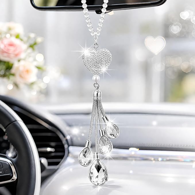 Frienda Bling Car Rear View Mirror Accessories for Women Gift Cute Heart Crystal Hanging Charm Diamond Decoration Lucky Interior Ornament Pendant(9.8 Inch,White)