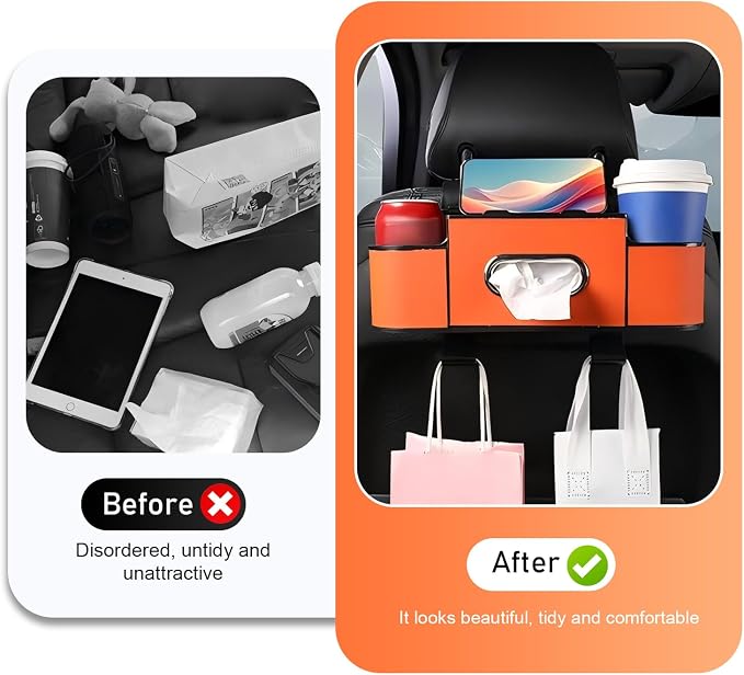4-in-1 Back Seat Car Organizer, Leather Multifunctional Seat Back Storage with Phone Holder Tissue Box Cup Holders Hooks, Waterproof Hanging Organizer, Universal for Most Cars (Orange)