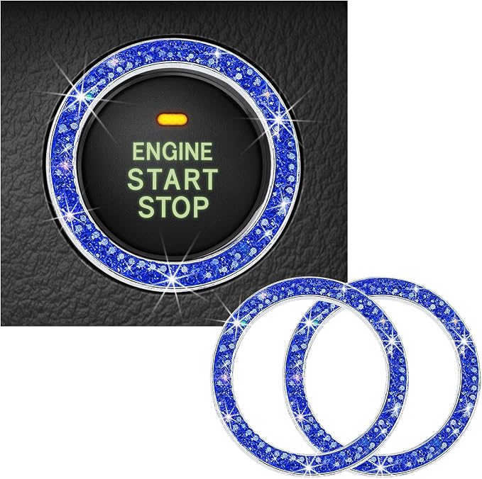 Kewucn 2 PCS Bling Crystal Double Rhinestone Car Engine Start Decoration Ring, Sparkling Push Start Button Sticker, Key Ignition & Knob Ring Decoration, Bling Car Interior Accessory(Dark Blue)