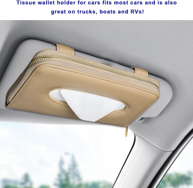 Car Tissue Holder, PU Leather Auto Sun Visor Tissue Case Napkin Holder with Zipper, Rectangular Mask Dispenser Hanging Paper Towel Organizer for Cars SUVs Trucks RVs (Beige)