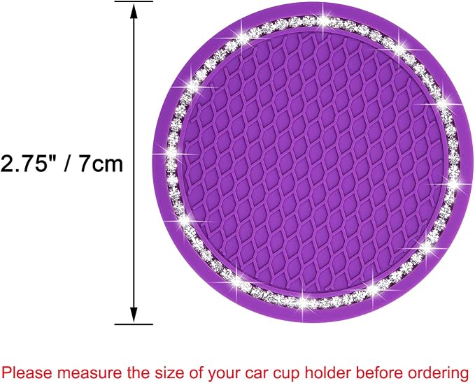 Bling Car Coasters, Wisdompro 4 Pack PVC Car Cup Holder Insert Coaster - Anti Slip Universal Vehicle Interior Accessories Crystal Glitter Cup Mats for Women and Men (2.75" Diameter, Purple)