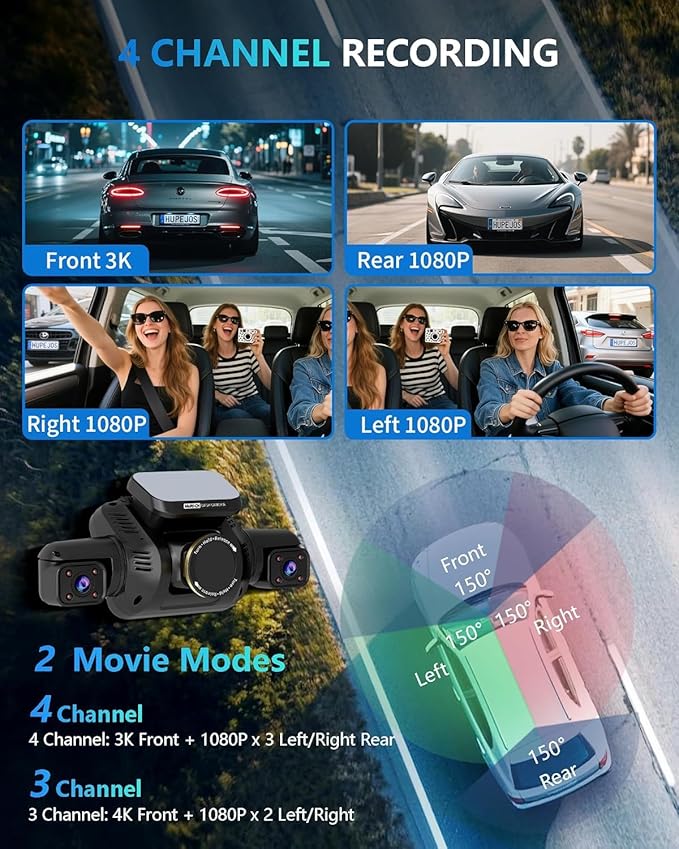 HUPEJOS 4K 360° Dash Cam Front and Rear, 4 Channel Camera for Cars | Upgrade AI Driver Monitor System DMS, 5GHz WiFi GPS, Night Vision, Voice Control, Free 64GB SD Card, 24H Parking Mode, V8Plus