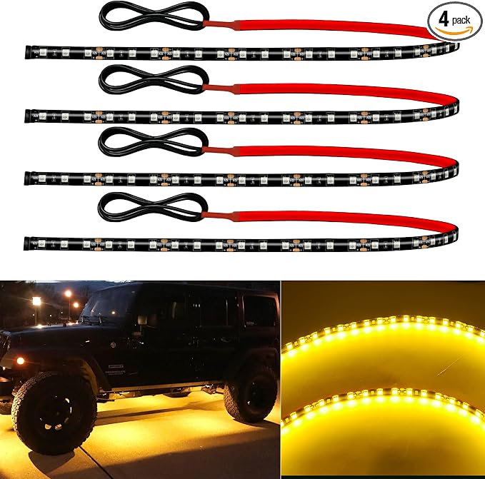 12V Led Light Strip Connectable 24Inch Amber Led Strip Lights for Car Underglow Kit Golf Cart Motorcycle Boat Cabinet Waterproof Led Light Strip,4Pack