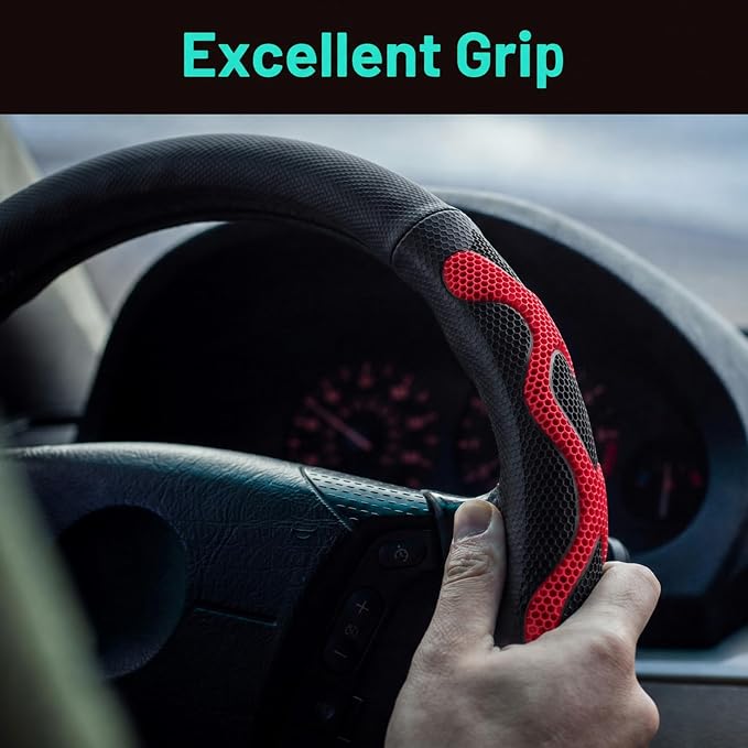 DaisyInner 17.5-18 Inch Steering Wheel Cover for Semi Truck No-Slip & Comfy Grip for Semi Trucks, Rv, Big Rig and 18 Wheelers(Mesh D,Leather,Red)