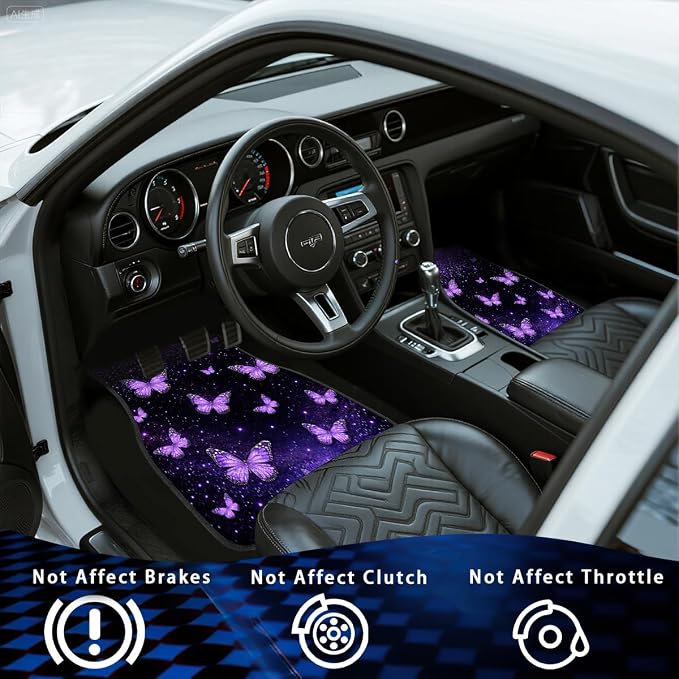 Butterfly Car Floor Mats Set of 4 Purple Glitter Galaxy Dream Carpet Front Rear Carpets Mat Decorative Car Floor Carpets Non-Slip Auto Car Accessories Universal Fit for Car SUV Truck Van
