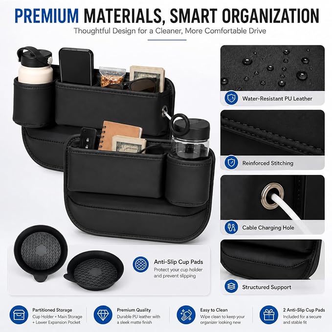 2 Pack Car Seat Gap Filler with Cup Holder – Anti-Drop Design | Universal PU Leather Seat Gap Organizer, Storage Box with Pockets & Cup Holders – Fits Most Vehicles