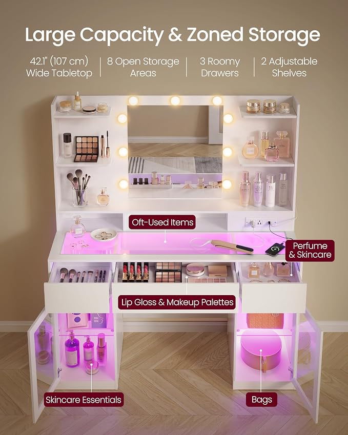 VASAGLE Kailyn Collection - Vanity Desk with LED Lights and Power Outlet, Modern Vanity Table with Light Strip, 3 Drawers, 2 Cabinets, Transparent Top, 8 Storage Shelves, Cloud White URDT145WB03S