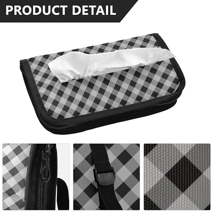 Car Visor Tissue Holder Mask Holder for Car, Car Tissue Box Sun Visor Napkin Holder Car Visor Accessories Adjustable Straps Reusable Durable Easy to Install Black and Grey Gingham