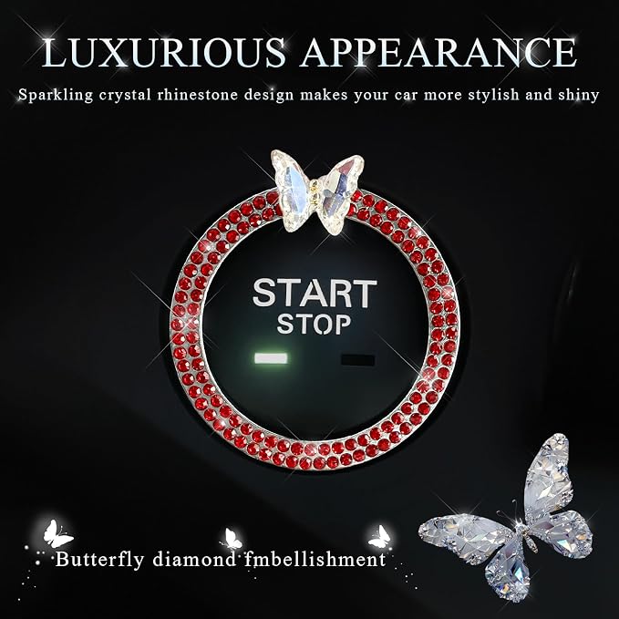 DXNQ 2PCS Bling Ring Emblem, Sparkling Butterfly Car Buttons and Knobs Ring, Girly Butterfly Diamond Car Engine Start Button Cover, Key Ignition Knob Rings Decoration for Women (Red, Double Row)