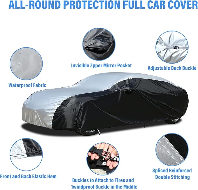 Car Cover Waterproof All Weather, Coverado Outdoor Full Car Covers with Invisible Zipper Mirror Pocket, Rain Sun UV Wind Protection Car Covers for Automobiles Universal Fit for Camaro,etc (183"-193")